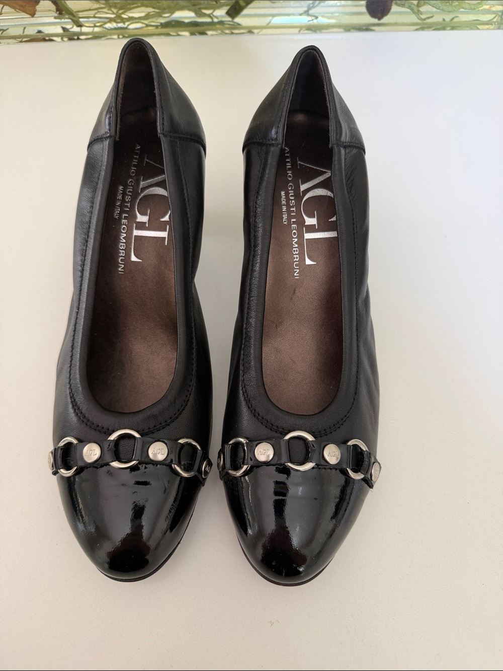 AGL Black Leather & Patent Toe Heels with Silver Chain Detail